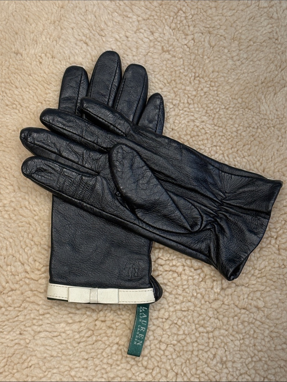 Lauren Ralph Lauren Black Leather Gloves with Cream Trim